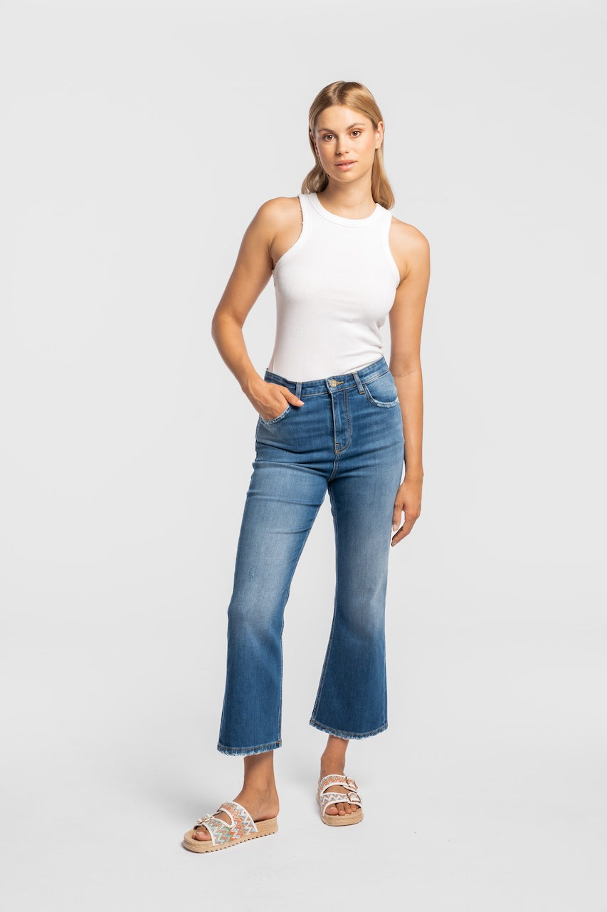 LUISENPARK | CROPPED FLARE | MIDBLUE GOLDGARN DENIM