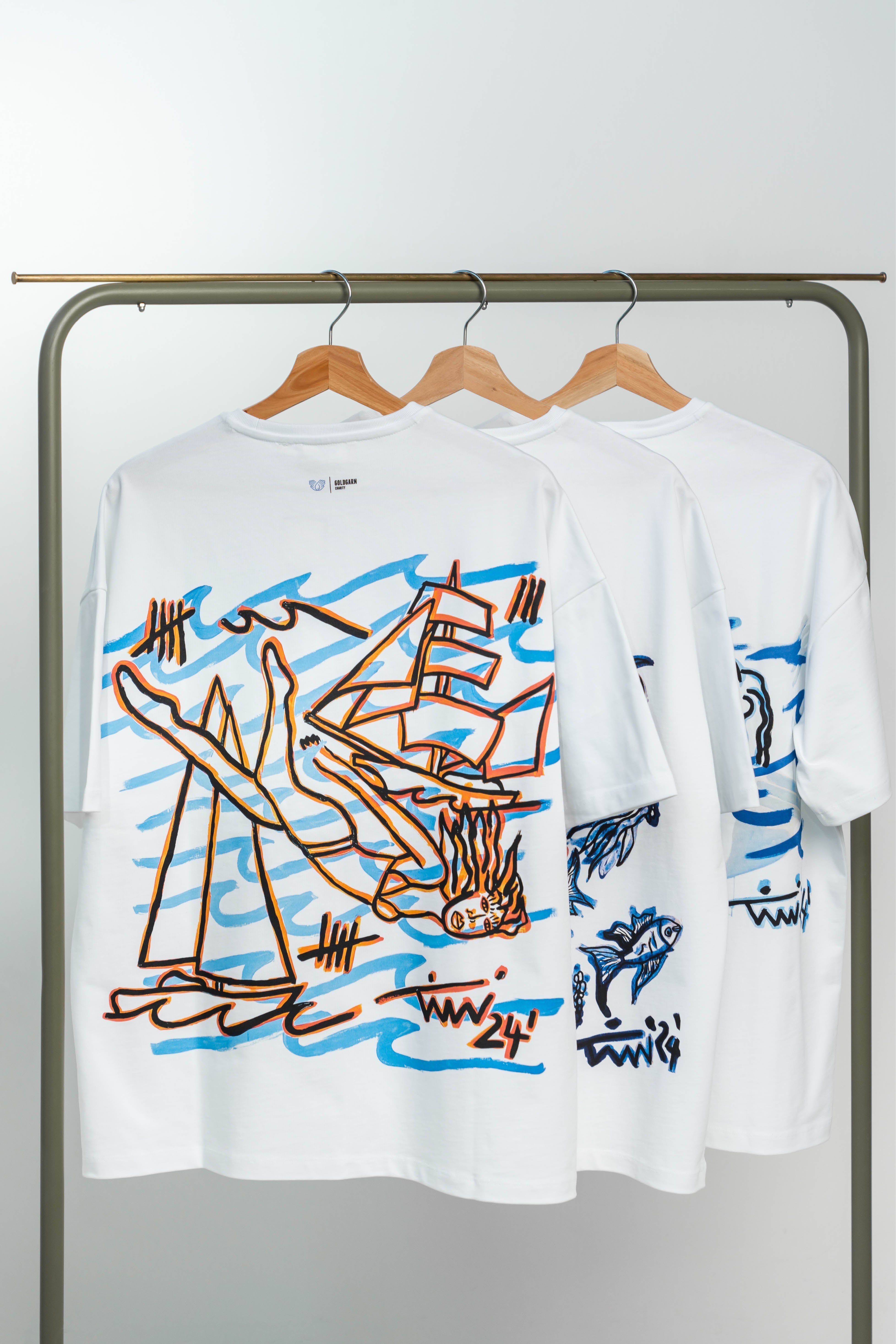 68 | THE CHARITY TEE `SWIMMING` | WHITE GOLDGARN DENIM