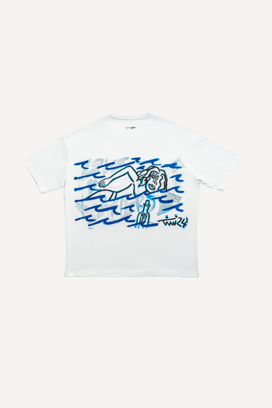 68 | THE CHARITY TEE `SWIMMING` | WHITE GOLDGARN DENIM