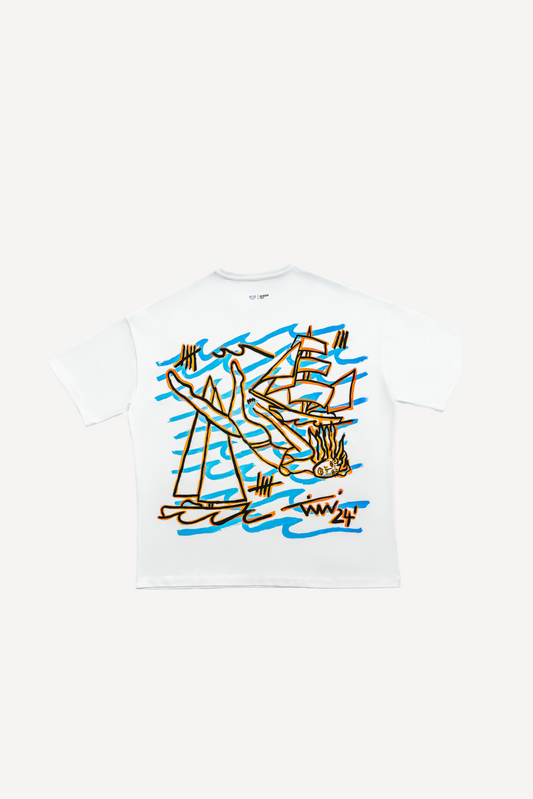 68 | THE CHARITY TEE `DIVING` | WHITE GOLDGARN DENIM